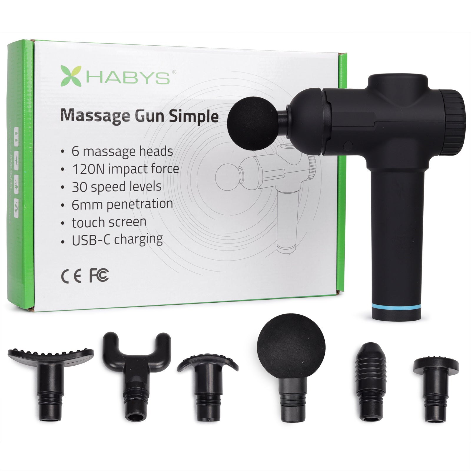 habys-massagepistole-simple-vibrationsmassageger-t-mit-6-k-pfen-und-30-stufen image 1