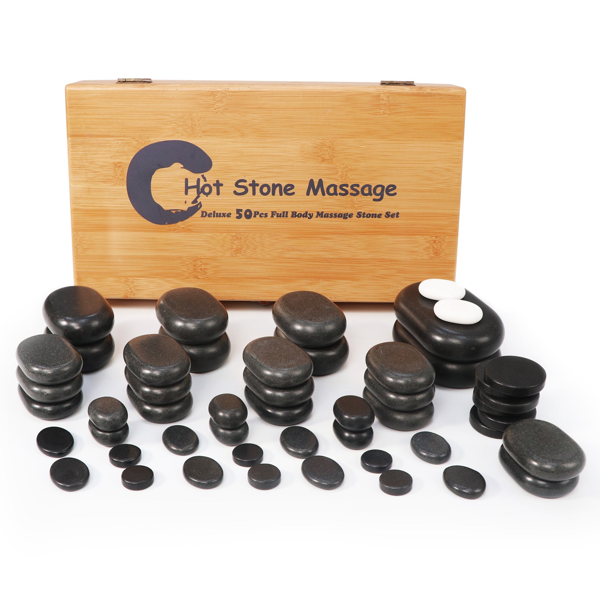 master-massage-hot-stone-luxus-set-50-tlg-basaltsteine-mit-bambuskiste image 2